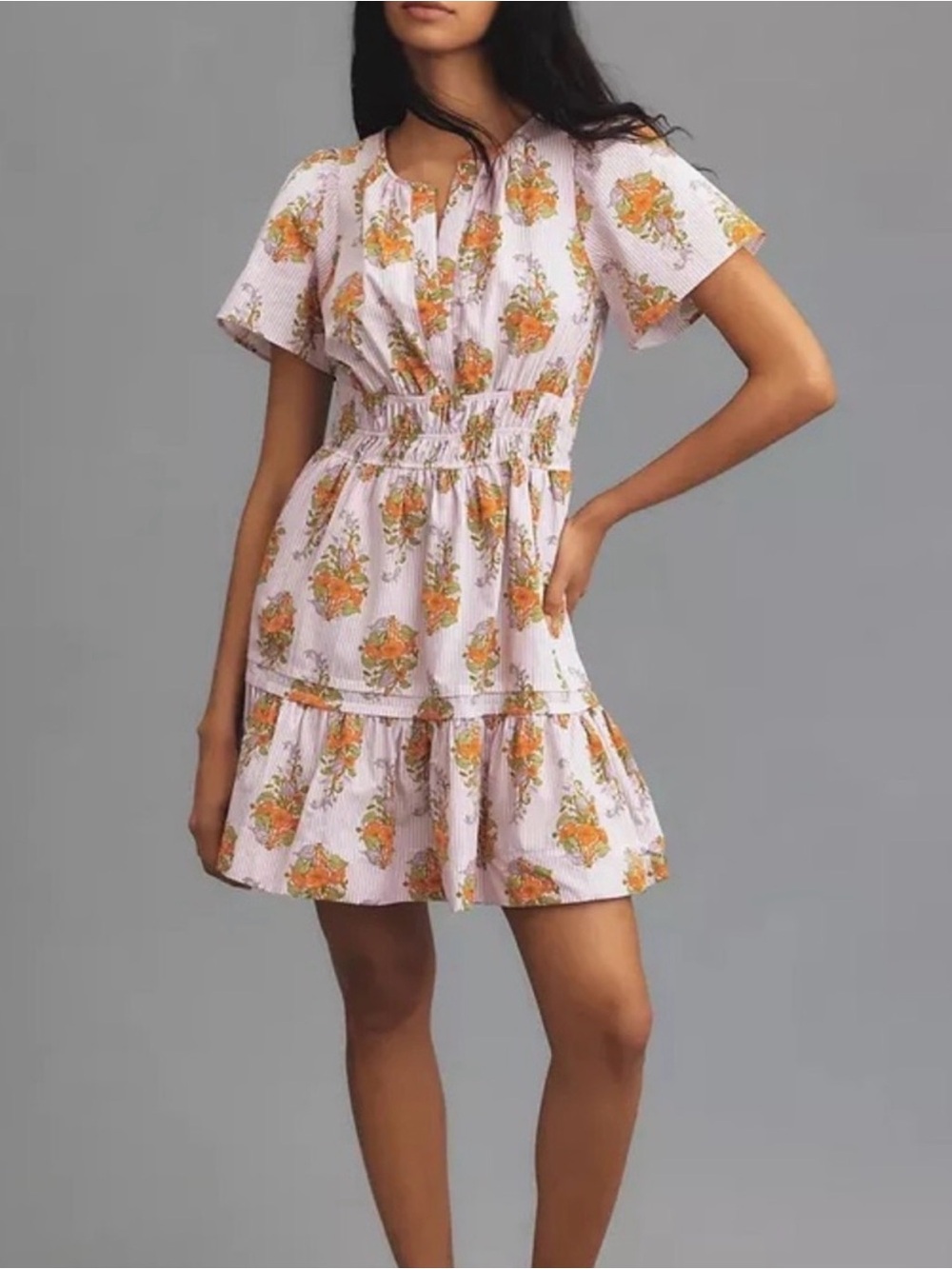 Anthropologie Somerset Mini Dress Striped Floral V-Neck Smocked Waist Sz XL